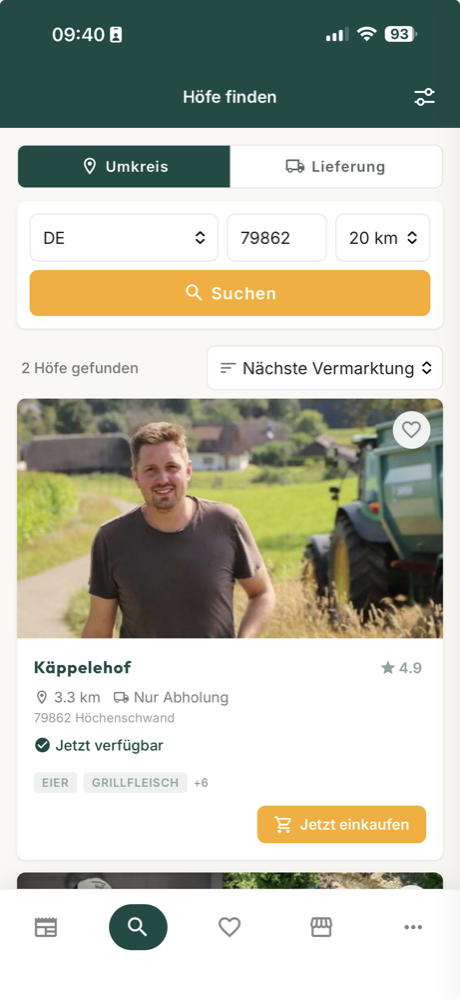 Bauerndiele-App: Suche nach Höfen im Umkreis mit Trefferliste, hier der Käppelehof mit 4,9 Sternen