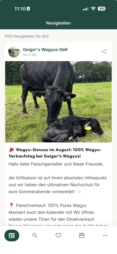 Bauerndiele-App: Neuigkeiten von Höfen, hier ein Beitrag von Geigers Wagyus mit Kuh und Kalb auf der Weide