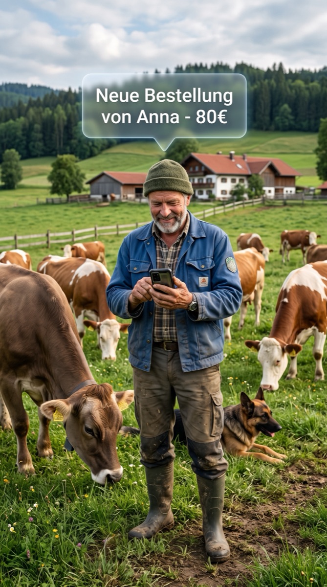 Landwirt steht entspannt zwischen seinen Rindern auf der Weide und erhält auf dem Handy die Meldung: Neue Bestellung von Anna, 80 Euro